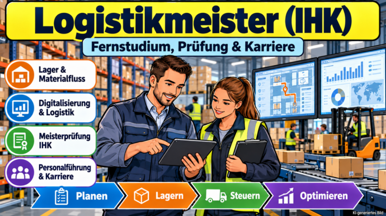 Comicillustration zur Weiterbildung Logistikmeister (IHK): Zwei Fachkräfte planen in einem modernen Logistikzentrum Warenströme und Lagerprozesse mit digitalen Systemen. Im Hintergrund sind Hochregallager, Fördertechnik und Gabelstapler zu sehen.