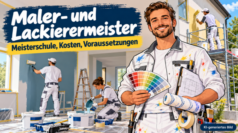 Comic-Illustration eines Maler- und Lackierermeisters mit Farbfächer, Farbrolle und Bauplan. Im Hintergrund streichen Mitarbeiter Innenwände und eine Hausfassade. Thema: Meisterschule, Kosten und Voraussetzungen.