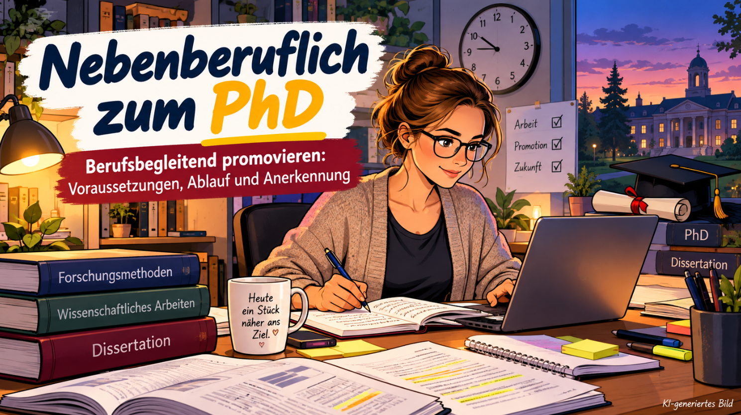Farbenfrohe Comic-Illustration zum Thema nebenberuflich promovieren: Eine berufstätige Frau sitzt abends an ihrem Schreibtisch und arbeitet mit Laptop, wissenschaftlicher Literatur und Forschungsnotizen an ihrer Dissertation. Im Hintergrund sind ein Hochschulgebäude, eine Doktorurkunde und ein Doktorhut zu sehen, die den Weg zum PhD neben dem Beruf symbolisieren