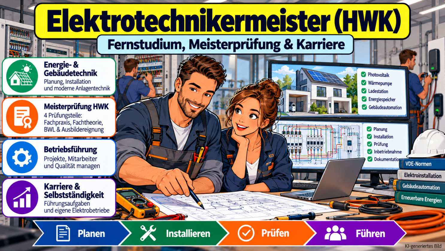 Comicillustration zur Weiterbildung Elektrotechnikermeister (HWK): Zwei Elektrofachkräfte planen eine elektrische Anlage mit Schaltplänen, Photovoltaik und Gebäudetechnik. Thematisiert werden Meisterprüfung, Betriebsführung und Karrierechancen