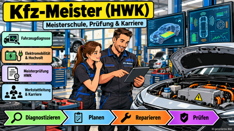 Comicillustration zur Weiterbildung Kfz-Meister (HWK): Zwei Fachkräfte analysieren ein Elektroauto in einer modernen Werkstatt mit digitaler Fahrzeugdiagnose und Hochvolttechnik. Dargestellt sind Meisterprüfung, Werkstattleitung und Karriere.