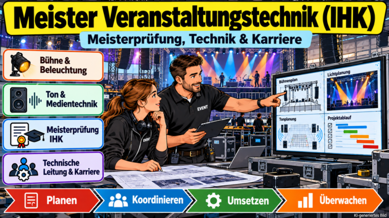 Comicillustration zur Weiterbildung Meister für Veranstaltungstechnik (IHK): Zwei Fachkräfte planen eine Konzertproduktion mit Bühnen-, Licht-, Ton- und Medientechnik. Dargestellt sind Meisterprüfung, technische Leitung und Karriere.