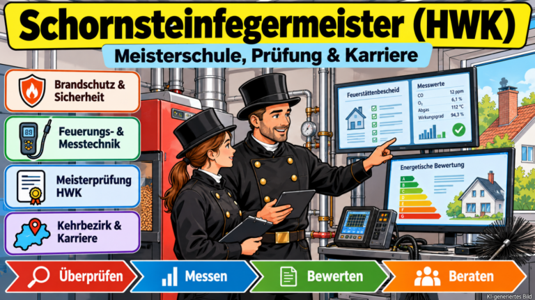 Comicillustration zur Weiterbildung Schornsteinfegermeister (HWK): Zwei Fachkräfte überprüfen eine Feuerungsanlage mit digitalen Messgeräten. Dargestellt sind Brandschutz, Messtechnik, Meisterprüfung und Kehrbezirk.