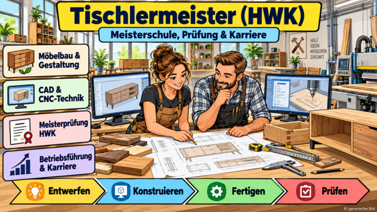 Comicillustration zur Weiterbildung Tischlermeister (HWK): Zwei Fachkräfte planen und fertigen Möbel in einer modernen Holzwerkstatt mit CAD- und CNC-Technik. Dargestellt sind Meisterprüfung, Möbelbau und Karriere