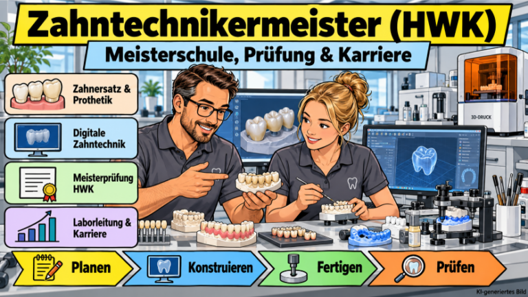 Comicillustration zur Weiterbildung Zahntechnikermeister (HWK): Zwei Zahntechniker arbeiten in einem modernen Dentallabor mit Zahnmodellen, CAD/CAM-Technik und 3D-Druck. Dargestellt sind Meisterprüfung, Zahnersatz und Karriere.