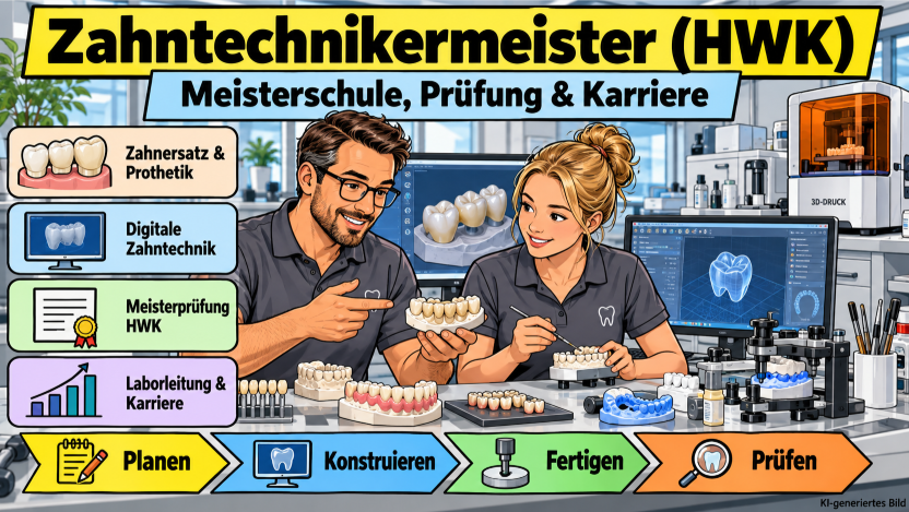 Comicillustration zur Weiterbildung Zahntechnikermeister (HWK): Zwei Zahntechniker arbeiten in einem modernen Dentallabor mit Zahnmodellen, CAD/CAM-Technik und 3D-Druck. Dargestellt sind Meisterprüfung, Zahnersatz und Karriere.