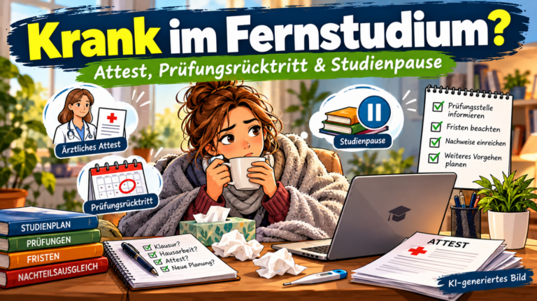 Farbenfrohe Comic-Illustration zum Thema Krankheit im Fernstudium: Eine erkrankte Fernstudentin sitzt mit einer Decke und einer Tasse Tee vor ihrem Laptop. Um sie herum sind ein ärztliches Attest, ein Kalender mit markiertem Prüfungstermin, Studienunterlagen und eine Checkliste zu sehen. Symbole für Prüfungsrücktritt und Studienpause verdeutlichen die Möglichkeiten bei krankheitsbedingten Ausfällen im Fernstudium.