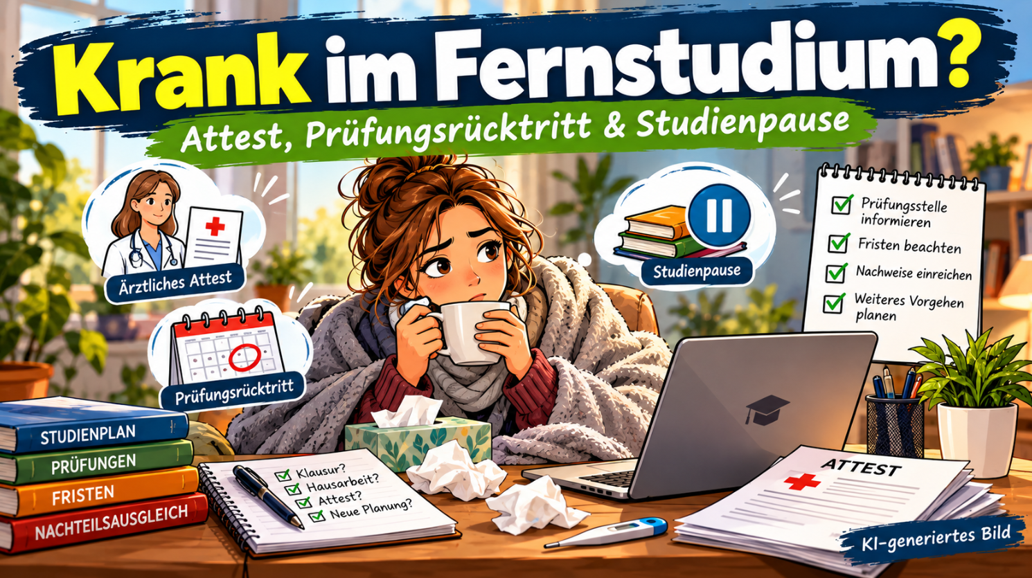 Farbenfrohe Comic-Illustration zum Thema Krankheit im Fernstudium: Eine erkrankte Fernstudentin sitzt mit einer Decke und einer Tasse Tee vor ihrem Laptop. Um sie herum sind ein ärztliches Attest, ein Kalender mit markiertem Prüfungstermin, Studienunterlagen und eine Checkliste zu sehen. Symbole für Prüfungsrücktritt und Studienpause verdeutlichen die Möglichkeiten bei krankheitsbedingten Ausfällen im Fernstudium.