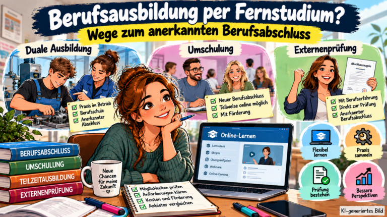 Moderne Comic-Illustration zur Berufsausbildung per Fernstudium: Eine junge Frau sitzt am Laptop mit einer digitalen Lernplattform. Im Hintergrund zeigen drei Szenen die Wege zum anerkannten Berufsabschluss: duale Ausbildung im Betrieb, Umschulung mit Online-Unterricht und Externenprüfung für Berufserfahrene. Bücher, Checklisten und Symbole verdeutlichen flexibles Lernen, praktische Ausbildung und berufliche Perspektiven