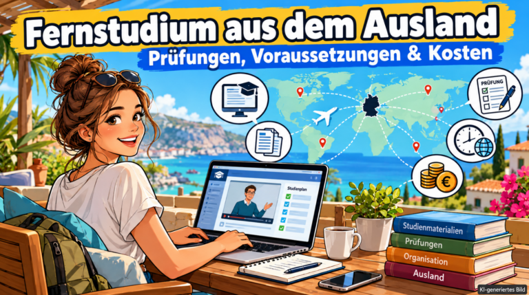 Moderne, farbenfrohe Comic-Illustration zum Fernstudium aus dem Ausland: Eine junge Studentin lernt mit ihrem Laptop auf einer sonnigen Terrasse am Meer. Auf dem Bildschirm sind eine Online-Vorlesung und ein Studienplan zu sehen. Eine Weltkarte mit Verbindungslinien nach Deutschland sowie Symbole für Online-Prüfungen, digitale Studienmaterialien, Zeitverschiebung und Studiengebühren verdeutlichen die Möglichkeiten und Herausforderungen eines Fernstudiums aus dem Ausland.