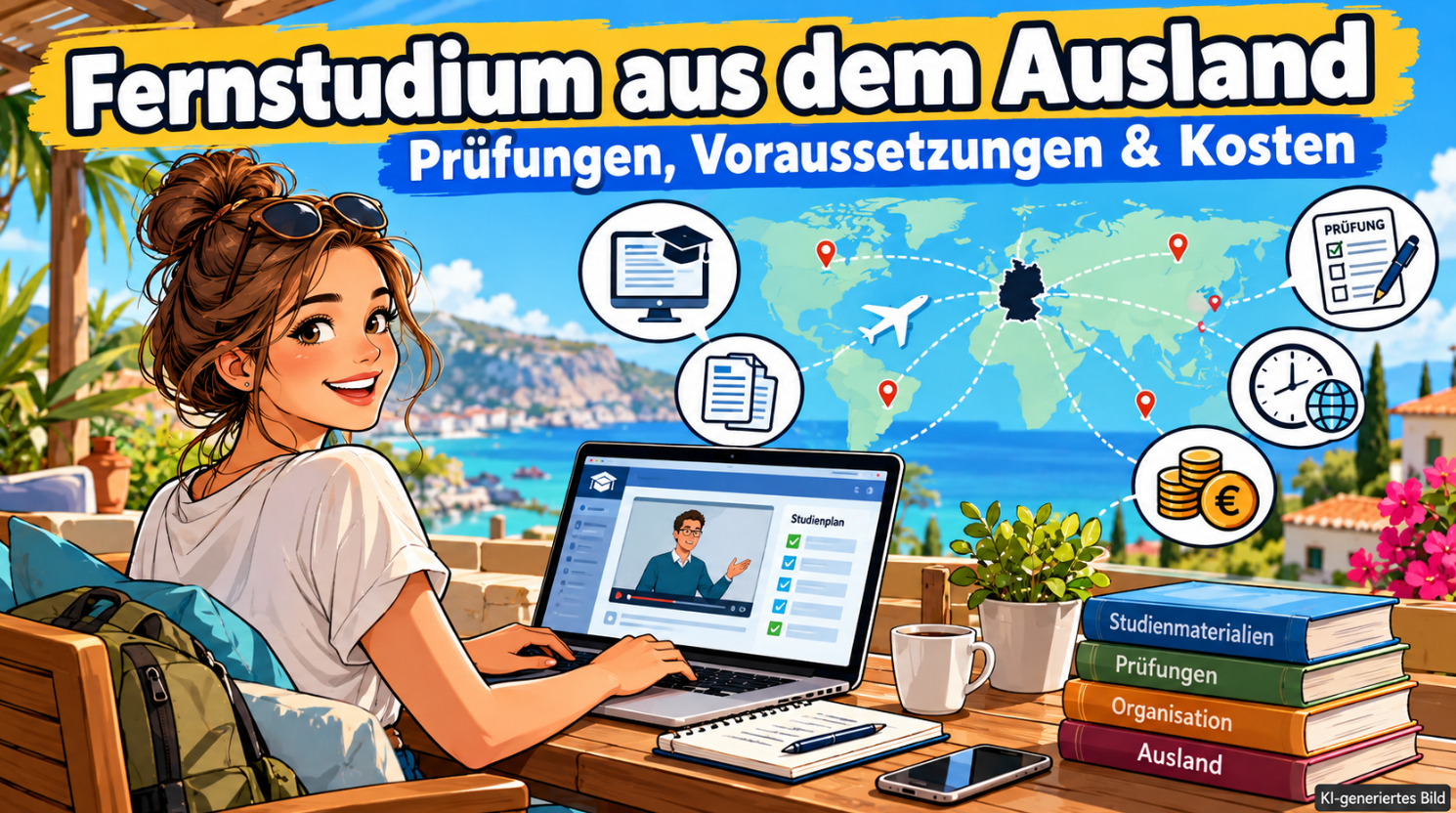 Moderne, farbenfrohe Comic-Illustration zum Fernstudium aus dem Ausland: Eine junge Studentin lernt mit ihrem Laptop auf einer sonnigen Terrasse am Meer. Auf dem Bildschirm sind eine Online-Vorlesung und ein Studienplan zu sehen. Eine Weltkarte mit Verbindungslinien nach Deutschland sowie Symbole für Online-Prüfungen, digitale Studienmaterialien, Zeitverschiebung und Studiengebühren verdeutlichen die Möglichkeiten und Herausforderungen eines Fernstudiums aus dem Ausland.
