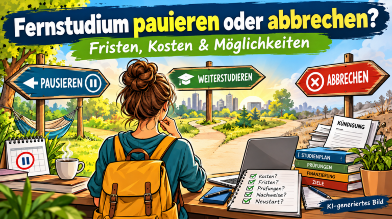 Farbenfrohe Comic-Illustration zum Thema Fernstudium pausieren oder abbrechen: Eine junge Fernstudentin mit Rucksack steht nachdenklich an einer Weggabelung mit drei Richtungsschildern „Pausieren“, „Weiterstudieren“ und „Abbrechen“. Ein Laptop, Studienunterlagen, ein Kalender und eine Checkliste symbolisieren wichtige Entscheidungen rund um Studienunterbrechung, Kündigungsfristen, Kosten und einen möglichen Neustart.