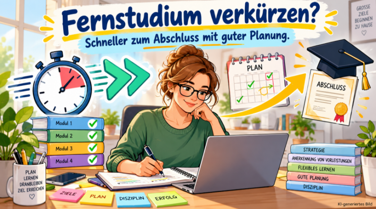 Moderne, farbenfrohe Comic-Illustration zum Thema Fernstudium verkürzen: Eine Fernstudentin sitzt mit Laptop und Lernunterlagen am Schreibtisch. Eine Stoppuhr, ein Studienplan mit abgehakten Modulen und ein Hochschulabschluss symbolisieren den schnelleren Studienabschluss. Die Darstellung verdeutlicht, wie sich durch gute Planung, flexibles Lernen und die Anerkennung von Vorleistungen die Studiendauer verkürzen lässt.