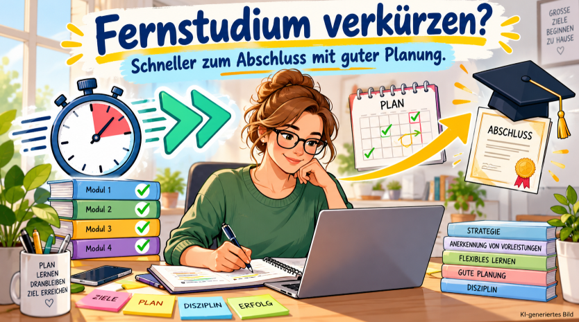 Moderne, farbenfrohe Comic-Illustration zum Thema Fernstudium verkürzen: Eine Fernstudentin sitzt mit Laptop und Lernunterlagen am Schreibtisch. Eine Stoppuhr, ein Studienplan mit abgehakten Modulen und ein Hochschulabschluss symbolisieren den schnelleren Studienabschluss. Die Darstellung verdeutlicht, wie sich durch gute Planung, flexibles Lernen und die Anerkennung von Vorleistungen die Studiendauer verkürzen lässt.