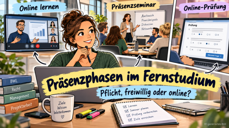Moderne, farbenfrohe Comic-Illustration zu Präsenzphasen im Fernstudium: Eine Fernstudentin sitzt am Laptop. Drei Szenen zeigen unterschiedliche Lernformen: Online-Lernen mit Videovorlesung, ein Präsenzseminar mit Dozentin und Studierenden sowie eine digitale Online-Prüfung. Die Darstellung verdeutlicht den Unterschied zwischen verpflichtenden Präsenzveranstaltungen, freiwilligen Seminaren und ortsunabhängigem Lernen