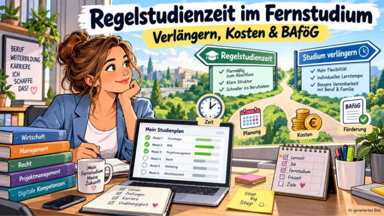 Moderne Comic-Illustration zur Regelstudienzeit im Fernstudium: Eine berufstätige Studentin sitzt am Laptop mit einem digitalen Studienplan. Im Hintergrund zeigen zwei Wegweiser die Möglichkeiten „Regelstudienzeit“ und „Studium verlängern“. Symbole für Zeitplanung, Studiengebühren und BAföG verdeutlichen die Auswirkungen einer längeren Studiendauer und die Vereinbarkeit von Studium, Beruf und Familie.