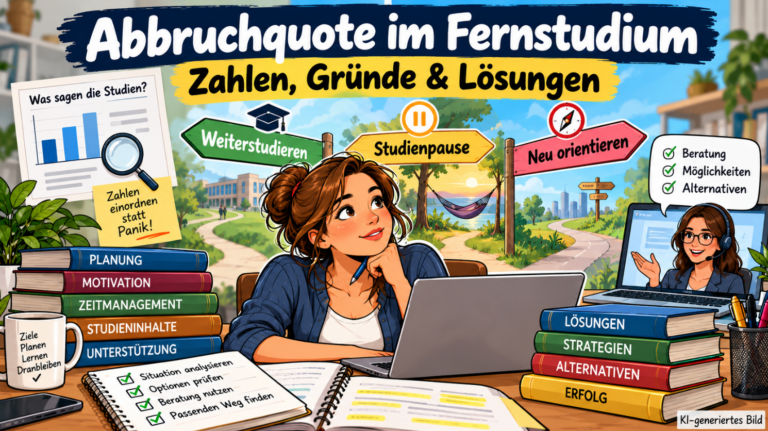 Moderne Comic-Illustration zur Abbruchquote im Fernstudium: Eine nachdenkliche Studentin sitzt am Laptop und überlegt zwischen den Möglichkeiten Weiterstudieren, Studienpause und Neuorientierung. Bücher, eine Statistik, Checklisten und eine digitale Studienberatung verdeutlichen die Ursachen von Studienabbrüchen und mögliche Lösungswege