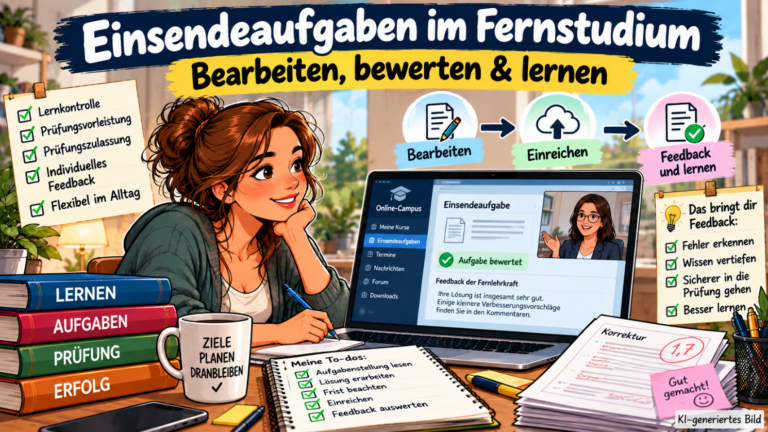 Moderne Comic-Illustration zum Thema Einsendeaufgaben im Fernstudium: Eine Studentin sitzt am Schreibtisch und erhält über den Online-Campus ihres Laptops eine bewertete Einsendeaufgabe mit individuellem Feedback ihrer Fernlehrerin. Bücher, Checklisten und die Schritte „Bearbeiten“, „Einreichen“ und „Feedback und lernen“ verdeutlichen den Ablauf der Lernkontrolle und Prüfungsvorbereitung