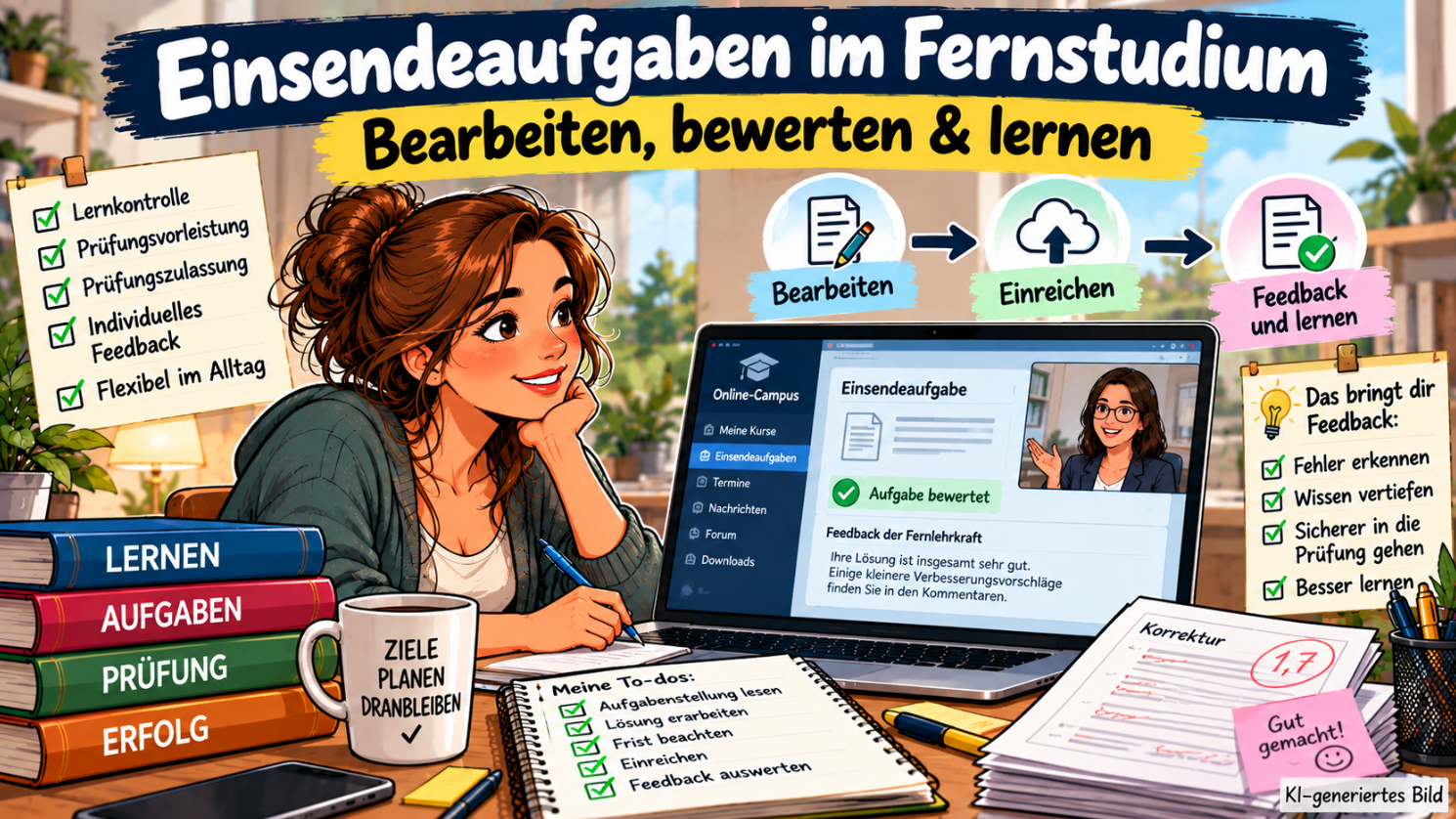 Moderne Comic-Illustration zum Thema Einsendeaufgaben im Fernstudium: Eine Studentin sitzt am Schreibtisch und erhält über den Online-Campus ihres Laptops eine bewertete Einsendeaufgabe mit individuellem Feedback ihrer Fernlehrerin. Bücher, Checklisten und die Schritte „Bearbeiten“, „Einreichen“ und „Feedback und lernen“ verdeutlichen den Ablauf der Lernkontrolle und Prüfungsvorbereitung