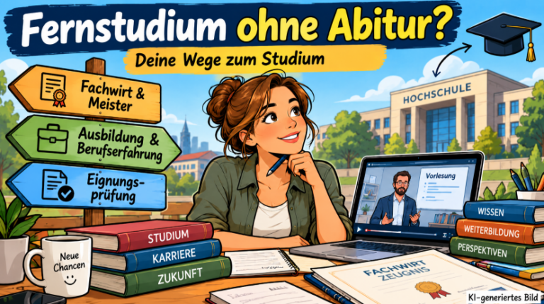Moderne Comic-Illustration zum Fernstudium ohne Abitur: Eine berufstätige Frau sitzt mit Fachwirtzeugnis, Büchern und Laptop am Schreibtisch. Wegweiser zeigen die drei Zugangswege zum Studium: Fachwirt und Meister, Ausbildung und Berufserfahrung sowie Eignungsprüfung. Im Hintergrund ist eine Hochschule zu sehen.