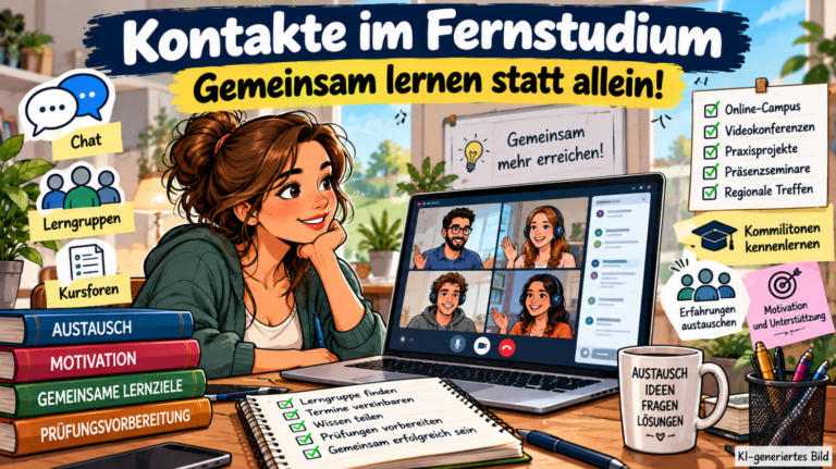 Moderne Comic-Illustration zum Thema Kontakte im Fernstudium: Eine Studentin tauscht sich über eine Videokonferenz am Laptop mit vier Mitstudierenden aus. Symbole für Chat, Lerngruppen und Kursforen sowie Bücher und Checklisten verdeutlichen gemeinsames Lernen, gegenseitige Unterstützung und digitale Prüfungsvorbereitung.