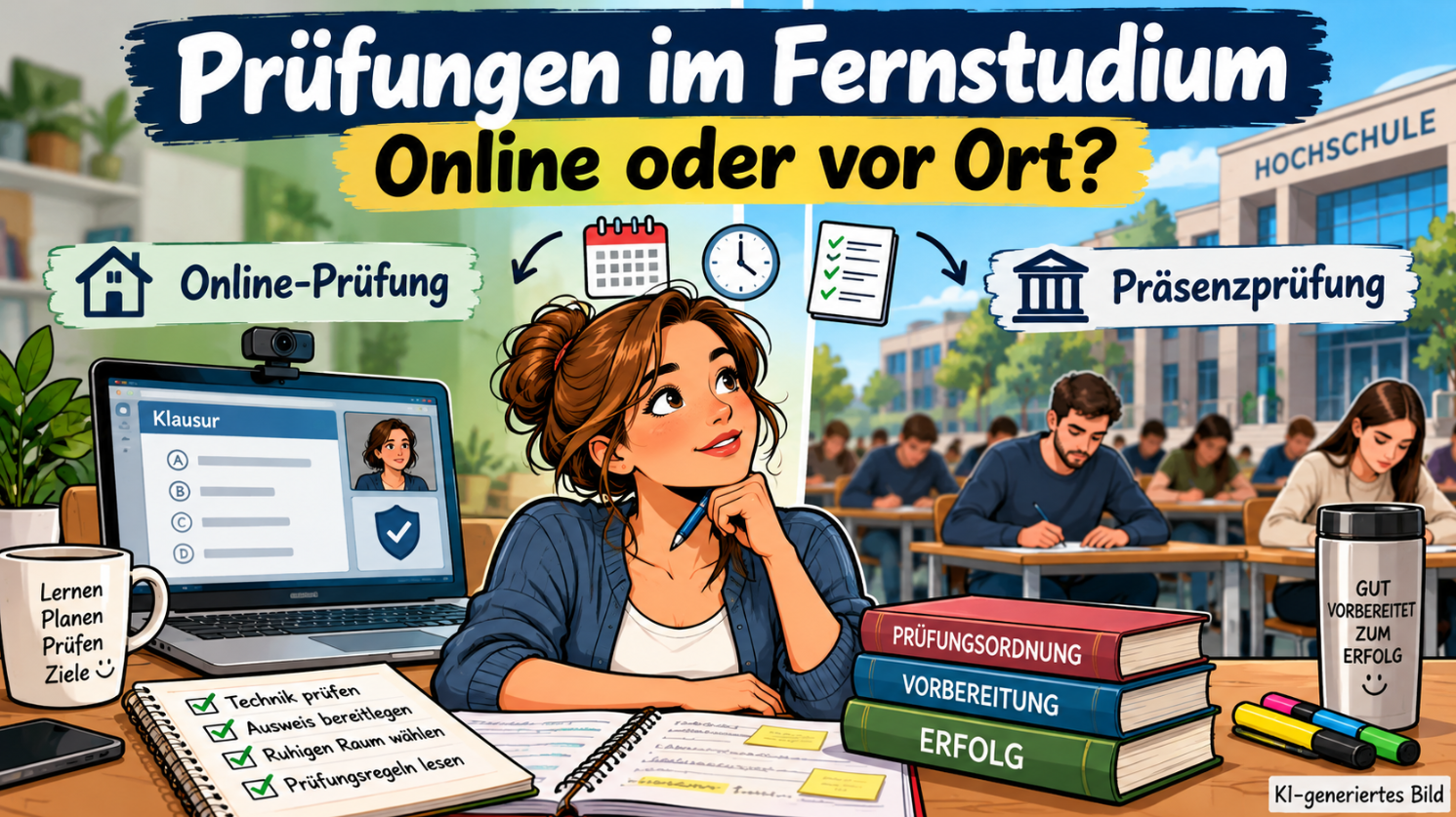 Moderne Comic-Illustration zum Thema Prüfungen im Fernstudium: Eine Studentin sitzt zwischen zwei Prüfungssituationen. Links ist eine Online-Klausur am Laptop mit Webcam zu sehen, rechts schreiben Studierende eine Präsenzprüfung im Prüfungsraum. Bücher, Kalender und Checklisten symbolisieren die Prüfungsvorbereitung