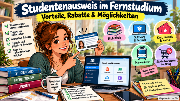 Moderne Comic-Illustration zum Studentenausweis im Fernstudium: Eine Fernstudentin hält lächelnd ihren Studentenausweis in die Kamera. Auf dem Schreibtisch steht ein Laptop mit geöffnetem Online-Campus. Symbole für Bibliothek, Software, Kino, Nahverkehr und Studentenrabatte zeigen mögliche Vorteile des Studierendenstatus.
