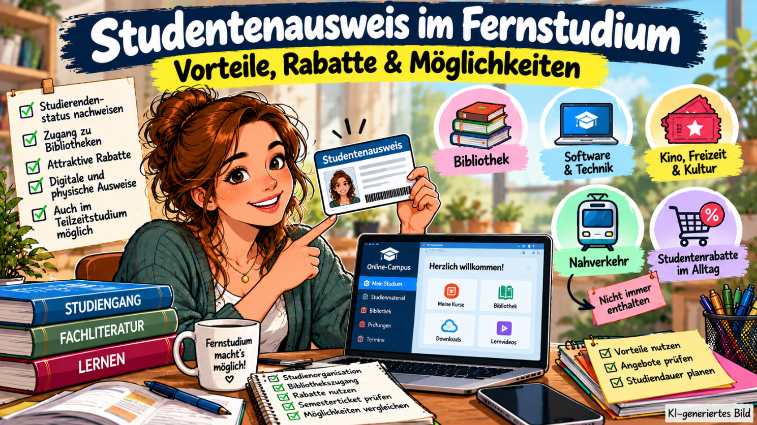 Moderne Comic-Illustration zum Studentenausweis im Fernstudium: Eine Fernstudentin hält lächelnd ihren Studentenausweis in die Kamera. Auf dem Schreibtisch steht ein Laptop mit geöffnetem Online-Campus. Symbole für Bibliothek, Software, Kino, Nahverkehr und Studentenrabatte zeigen mögliche Vorteile des Studierendenstatus.