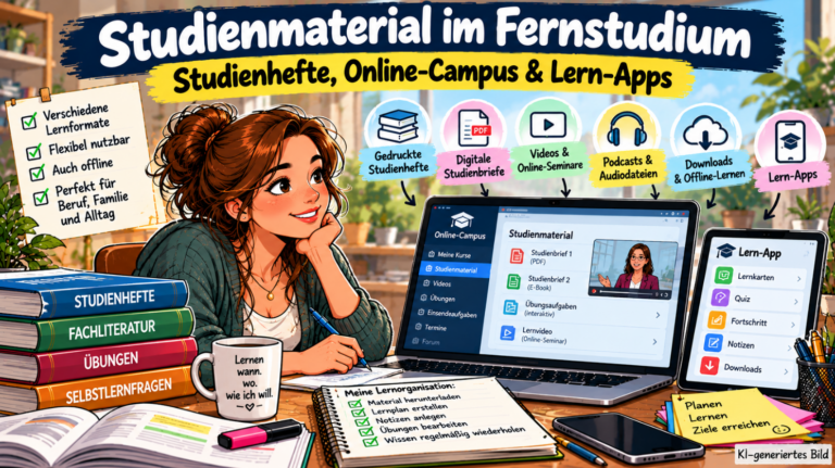 Moderne Comic-Illustration zum Thema Studienmaterial im Fernstudium: Eine Studentin sitzt am Schreibtisch mit gedruckten Studienheften, Fachbüchern und Lernunterlagen. Auf Laptop und Tablet sind ein Online-Campus mit digitalen Studienbriefen, Lernvideos und einer Lern-App zu sehen. Symbole für PDFs, Podcasts und Downloads verdeutlichen die verschiedenen Möglichkeiten des digitalen und mobilen Lernens