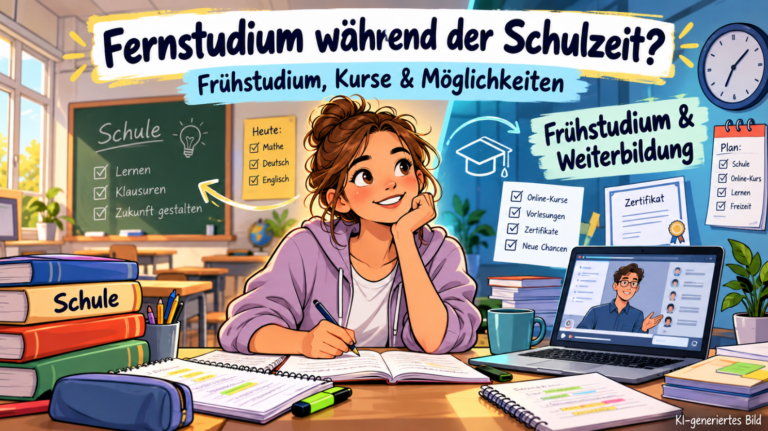 Moderne Comic-Illustration zum Fernstudium während der Schulzeit: Eine Schülerin sitzt mit Schulbüchern und Lernunterlagen am Schreibtisch. Links ist ein Klassenzimmer zu sehen, rechts ein Laptop mit einer digitalen Vorlesung sowie ein Zertifikat. Das Bild zeigt die Verbindung von Schule, Frühstudium und beruflicher Weiterbildung