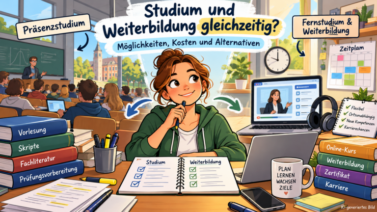Moderne Comic-Illustration zum Thema Präsenzstudium und Fernstudium gleichzeitig: Eine Studentin plant ihre Lernzeiten zwischen einem Hörsaal und einem digitalen Fernlehrgang. Laptop, Bücher, Kalender und Checklisten symbolisieren die Kombination aus Studium und beruflicher Weiterbildung