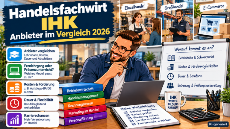 Handelsfachwirt IHK – Anbieter im Vergleich 2026 für Einzelhandel, Großhandel und E-Commerce – KI-generierte Illustration