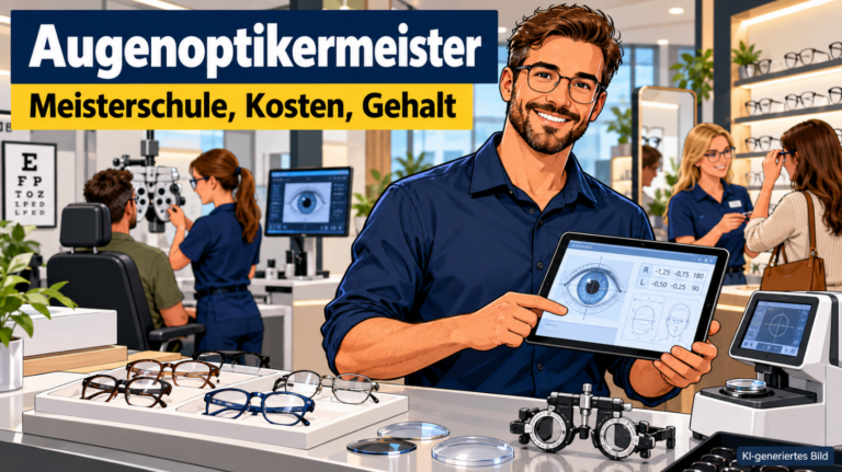Comic-Illustration eines Augenoptikermeisters in dunkelblauem Hemd mit Tablet und digitaler Darstellung einer Sehstärkenmessung in einem modernen Augenoptikgeschäft. Im Vordergrund liegen Brillenfassungen, Brillengläser und optische Messgeräte. Im Hintergrund führt eine Fachkraft eine Sehstärkenprüfung am Phoropter durch, während eine weitere Mitarbeiterin eine Kundin bei der Brillenauswahl berät.