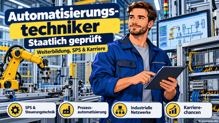 Staatlich geprüfter Automatisierungstechniker mit Tablet in einer modernen Industrieanlage. Im Hintergrund sind ein gelber Industrieroboter, ein Schaltschrank mit SPS-Steuerung, Fördertechnik und ein Monitor zur Prozessvisualisierung zu sehen. Die Comicillustration zeigt die Weiterbildung, SPS-Programmierung, industrielle Netzwerke und Karrierechancen in der Automatisierungstechnik.
