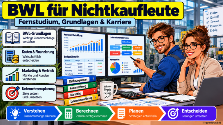 Comicillustration zur Weiterbildung Betriebswirtschaftslehre für Nichtkaufleute. Ein technischer Mitarbeiter und eine kaufmännische Kollegin analysieren Kosten, Budgets und betriebswirtschaftliche Kennzahlen an einem modernen Arbeitsplatz.
