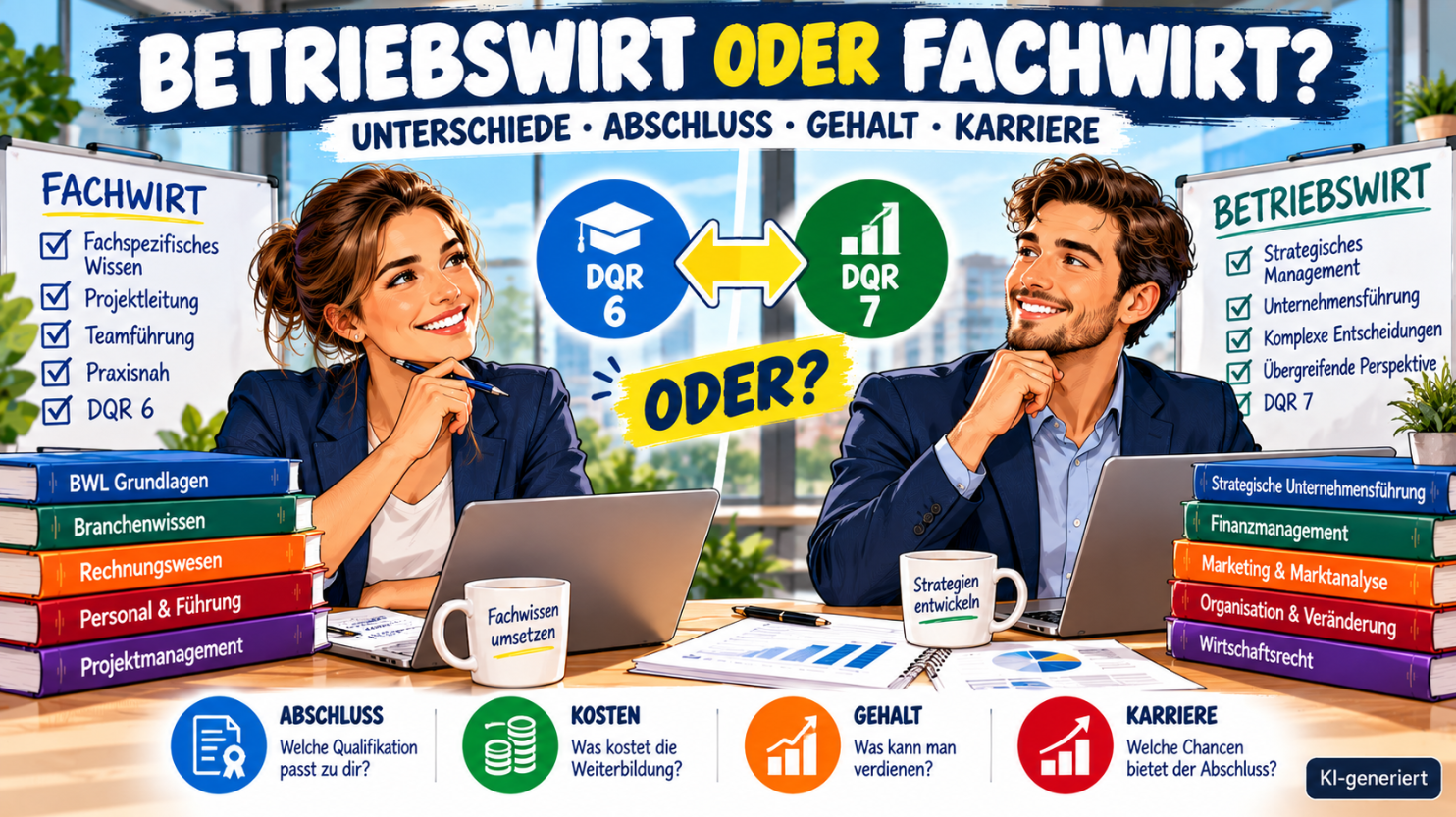 Betriebswirt oder Fachwirt – Comic-Illustration einer Fachwirtin und eines Betriebswirts im direkten Vergleich. Dargestellt werden die Unterschiede bei Qualifikation, DQR-Niveau 6 und 7, Fachwissen, strategischer Unternehmensführung, Weiterbildungskosten, Gehalt und Karrierechancen.
