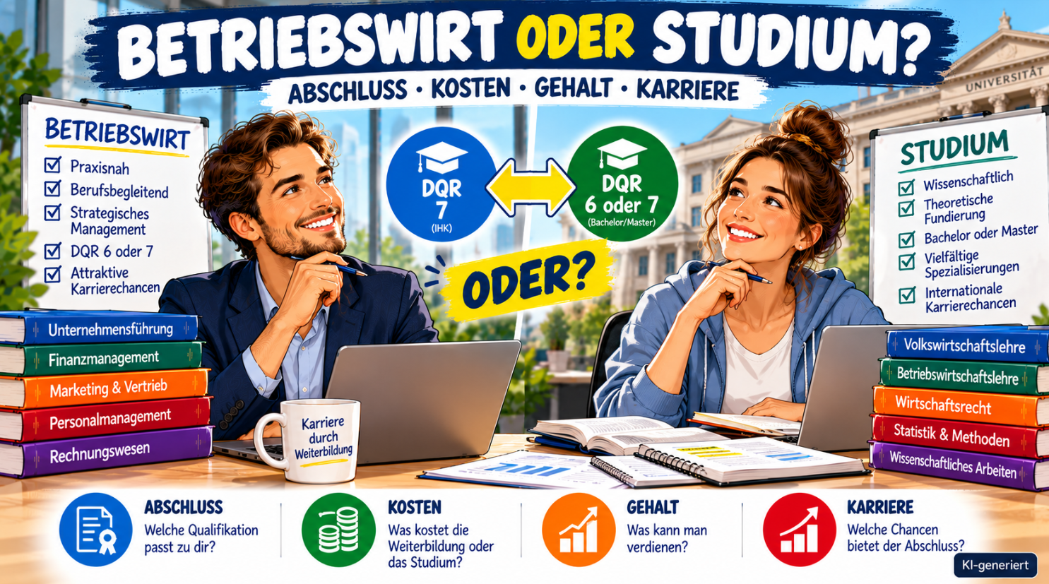 Betriebswirt oder Studium – Comic-Illustration eines berufstätigen Betriebswirts und einer Studentin im direkten Vergleich. Dargestellt werden berufliche Weiterbildung und Hochschulstudium mit Bachelor und Master, DQR-Niveau 6 und 7 sowie Unterschiede bei Abschluss, Kosten, Gehalt und Karrierechancen.