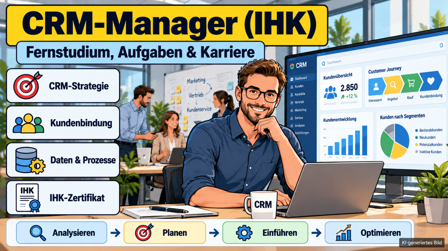 Comicillustration eines CRM-Managers im Büro mit Kundenübersicht, CRM-Strategie, Kundenbindungsanalyse, digitalen Geschäftsprozessen und IHK-Zertifikat