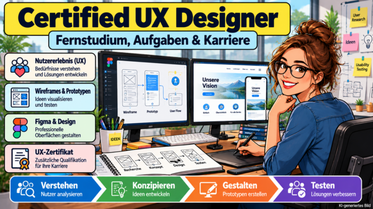 Comicillustration einer UX-Designerin an ihrem Arbeitsplatz mit Figma, Wireframes und interaktiven Website-Prototypen. Dargestellt sind Nutzererlebnis (UX), Oberflächengestaltung, responsives Webdesign und die Weiterbildung zum Certified UX Designer.