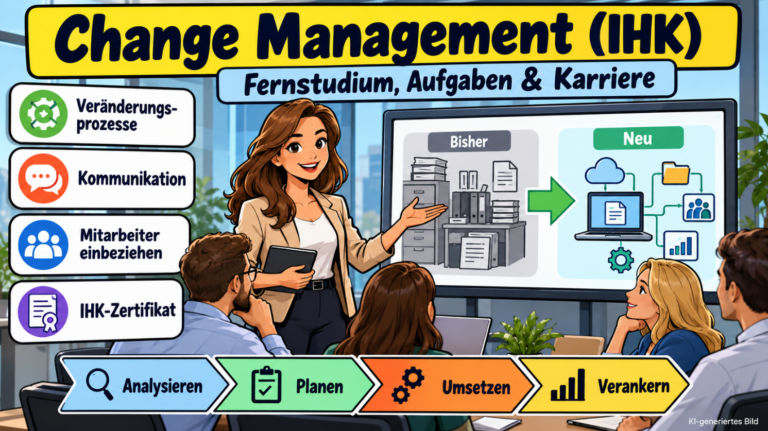 Comicillustration einer Change Managerin (IHK), die ihrem Team den Wandel von papierbasierten zu digitalen Arbeitsprozessen erklärt. Dargestellt sind Kommunikation, Mitarbeiterbeteiligung und die Phasen des Veränderungsmanagements.