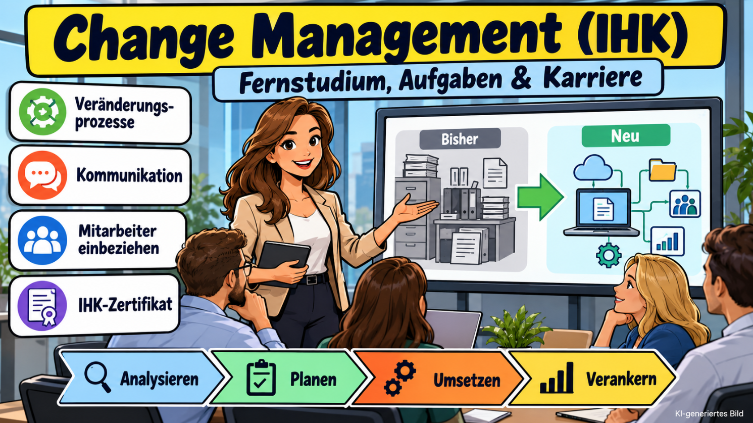 Comicillustration einer Change Managerin (IHK), die ihrem Team den Wandel von papierbasierten zu digitalen Arbeitsprozessen erklärt. Dargestellt sind Kommunikation, Mitarbeiterbeteiligung und die Phasen des Veränderungsmanagements.