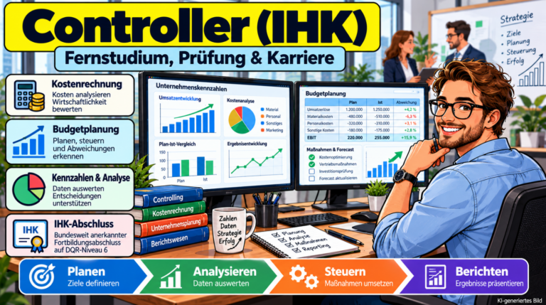 Comicillustration eines Controllers (IHK) am Arbeitsplatz mit Finanz-Dashboards, Kostenrechnung, Budgetplanung und Plan-Ist-Vergleichen. Dargestellt sind die Analyse betriebswirtschaftlicher Kennzahlen, das Berichtswesen und die Weiterbildung zum Geprüften Controller (IHK).