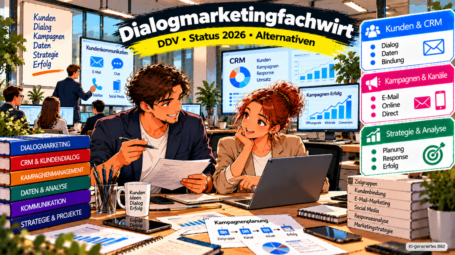 Comic-Illustration zum Dialogmarketingfachwirt und zur Weiterbildung im Dialogmarketing. Zwei Marketingfachkräfte planen gemeinsam eine Kundenkampagne und analysieren am Laptop CRM-Daten, Responsequoten und Kampagnenergebnisse. Im Hintergrund sind ein modernes Marketingbüro, digitale Dashboards, E-Mail- und Chat-Symbole sowie Diagramme zur Erfolgsmessung zu sehen. Drei farbige Infoboxen veranschaulichen die Themenbereiche Kunden und CRM, Kampagnen und Kanäle sowie Strategie und Analyse.