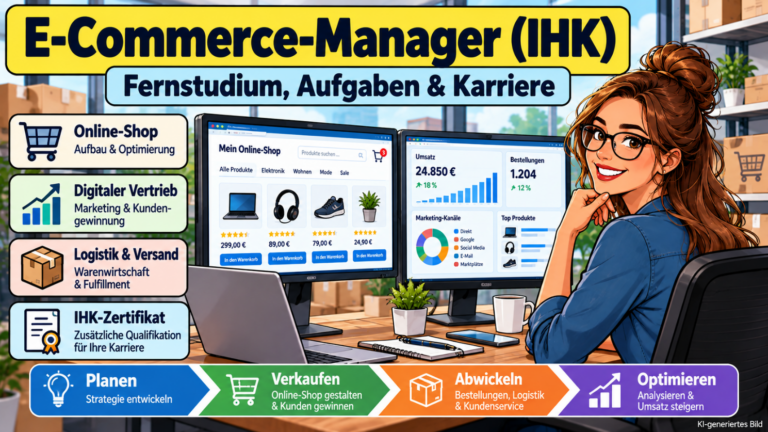 Comicillustration einer E-Commerce-Managerin (IHK) an ihrem Arbeitsplatz mit Online-Shop, Verkaufsstatistiken und Umsatzanalyse. Dargestellt sind digitaler Vertrieb, Warenwirtschaft, Logistik, Versand und die Weiterbildung mit IHK-Zertifikat.