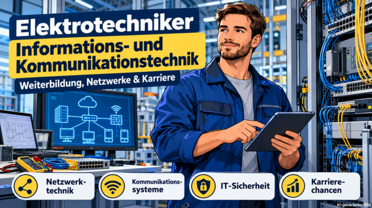 Staatlich geprüfter Elektrotechniker mit Tablet in einem modernen Technikraum mit Netzwerkschränken, Servern und Glasfaserverbindungen. Ein Monitor zeigt ein digitales Netzwerkdiagramm. Die Comicillustration veranschaulicht den Schwerpunkt Informations- und Kommunikationstechnik mit Netzwerktechnik, IT-Sicherheit und Karrierechancen