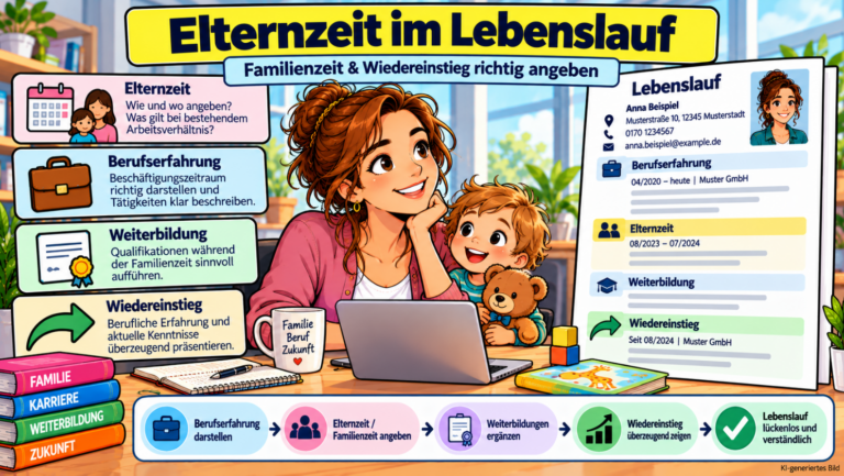 Comicillustration einer Mutter mit Kind am Laptop und Lebenslauf, die Elternzeit, Berufserfahrung, Weiterbildung und den beruflichen Wiedereinstieg veranschaulicht.