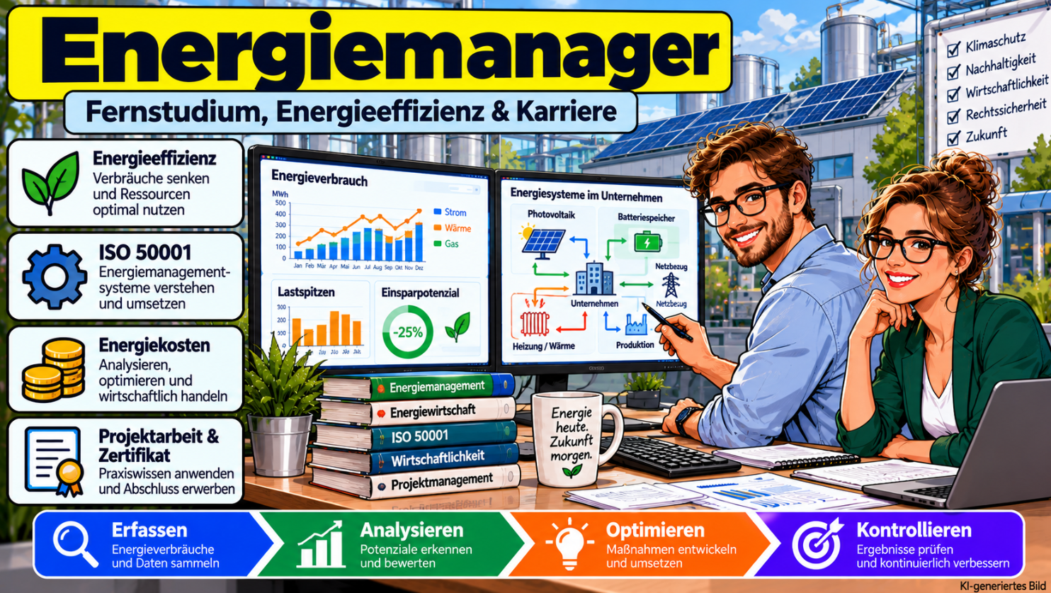 Comicillustration eines Energiemanagers bei der Auswertung von Energieverbräuchen, Lastspitzen und Einsparpotenzialen. Dargestellt sind Photovoltaik, Energiemanagement nach ISO 50001 und die Optimierung betrieblicher Energiekosten
