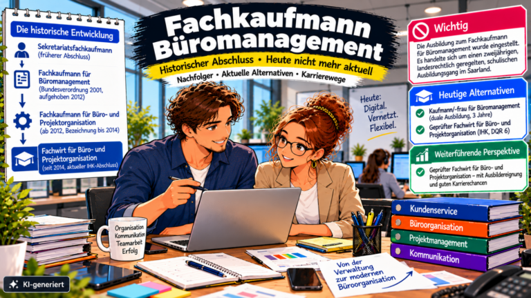 Comic-Illustration zum historischen IHK-Abschluss Fachkaufmann für Büromanagement. Zwei kaufmännische Fachkräfte besprechen gemeinsam die Büro- und Projektorganisation an einem Laptop in einem modernen Büro. Im Hintergrund sind weitere Mitarbeiter sowie Unterlagen und Büromaterialien zu sehen. Eine Zeitleiste zeigt die Entwicklung vom Sekretariatsfachkaufmann über den Fachkaufmann für Büromanagement zum heutigen Fachwirt für Büro- und Projektorganisation (IHK, DQR 6). Farbige Infoboxen erläutern aktuelle Qualifikationen und berufliche Perspektiven