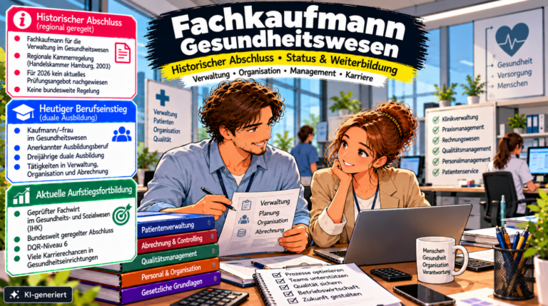 Comic-Illustration zum historischen Fachkaufmann für die Verwaltung im Gesundheitswesen. Zwei kaufmännische Fachkräfte besprechen Verwaltungsaufgaben und organisatorische Abläufe an einem Laptop in einer modernen Klinikverwaltung. Im Hintergrund sind weitere Mitarbeiter sowie Hinweise auf Patientenverwaltung, Abrechnung, Qualitätsmanagement und Personalmanagement zu sehen. Drei farbige Infoboxen erläutern den früheren regionalen Kammerabschluss, die heutige Ausbildung zum Kaufmann im Gesundheitswesen und den Geprüften Fachwirt im Gesundheits- und Sozialwesen (IHK, DQR 6) als aktuelle Aufstiegsalternative. Das Bild trägt den Hinweis „KI-generiert“.