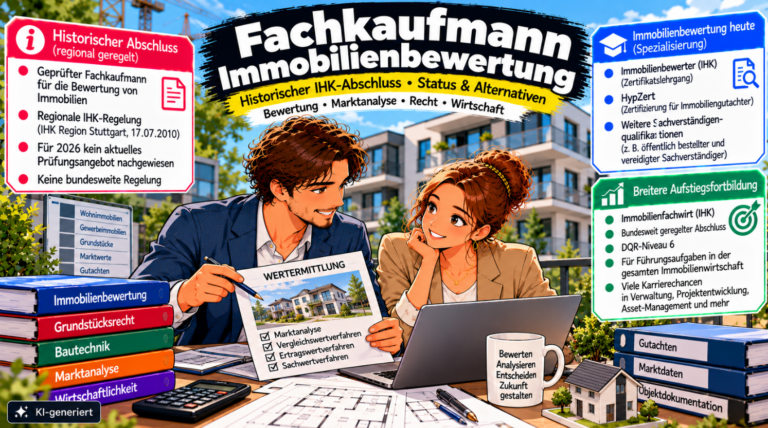 Comic-Illustration zum historischen IHK-Abschluss Fachkaufmann für die Bewertung von Immobilien. Zwei Immobilienfachkräfte besprechen vor einem modernen Wohngebäude ein Wertgutachten mit Marktanalyse, Vergleichswert-, Ertragswert- und Sachwertverfahren. Auf dem Tisch liegen Grundrisse, ein Taschenrechner und ein Gebäudemodell. Drei farbige Infoboxen erläutern den früheren regionalen IHK-Abschluss, heutige Qualifikationen wie Immobilienbewerter (IHK) und HypZert sowie den Immobilienfachwirt (IHK, DQR 6) als weiterführende Aufstiegsfortbildung. Das Bild ist als KI-generiert gekennzeichnet.